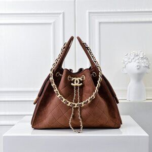 CHANEL Brown Quilted Shoulder Bag with Gold Chain